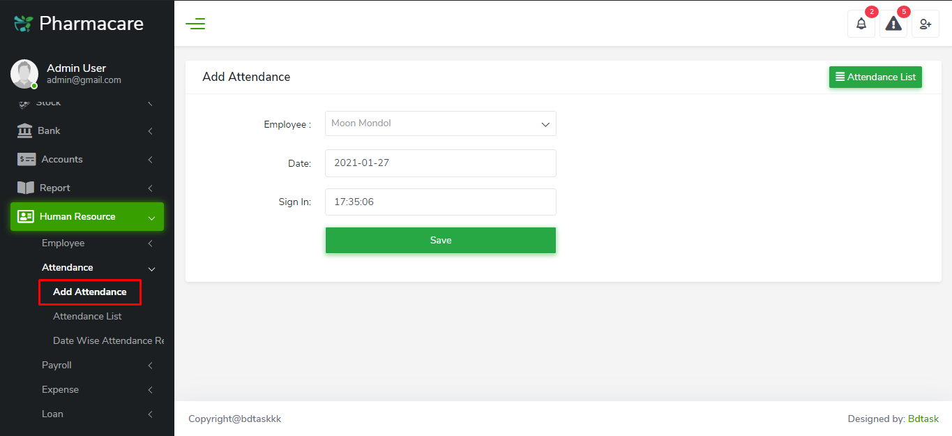 Add employee attendence